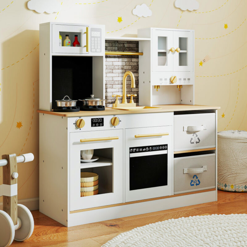 White Kids Wooden Play Kitchen Set with Stove Sound and Light for Ages 3 Plus image number 1