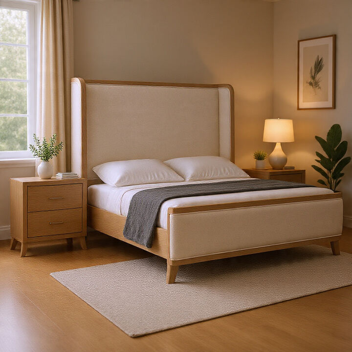 Queen Bedroom Set, Natural Oak Brown, White Wood, 2 Piece Set with Nightstand