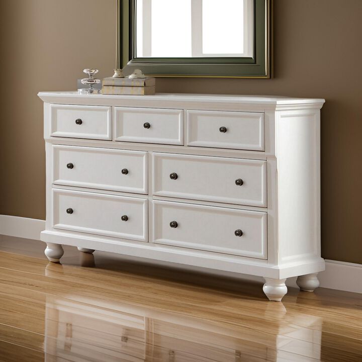 Transitional Style Seven Drawer Wooden Dresser with Round Bun Legs, White - Benzara
