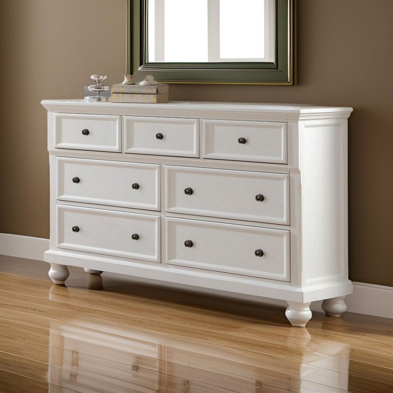 Transitional Style Seven Drawer Wooden Dresser with Round Bun Legs, White - Benzara image number 1