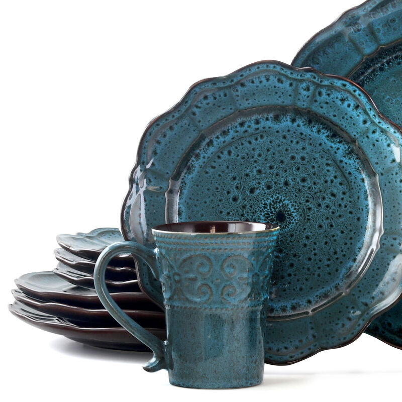 Elama Lavish Blue 16 Piece Dinnerware set with Complete Setting for 4