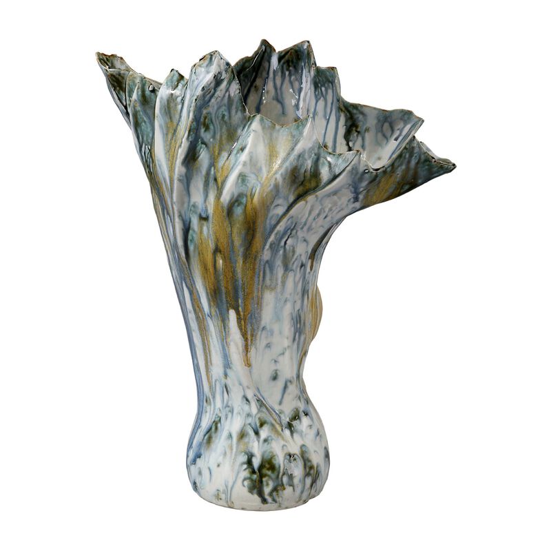 Tery Decorative Vase, 16 Inch Glossy Ocean Blue Ceramic, Wavy Fishtail