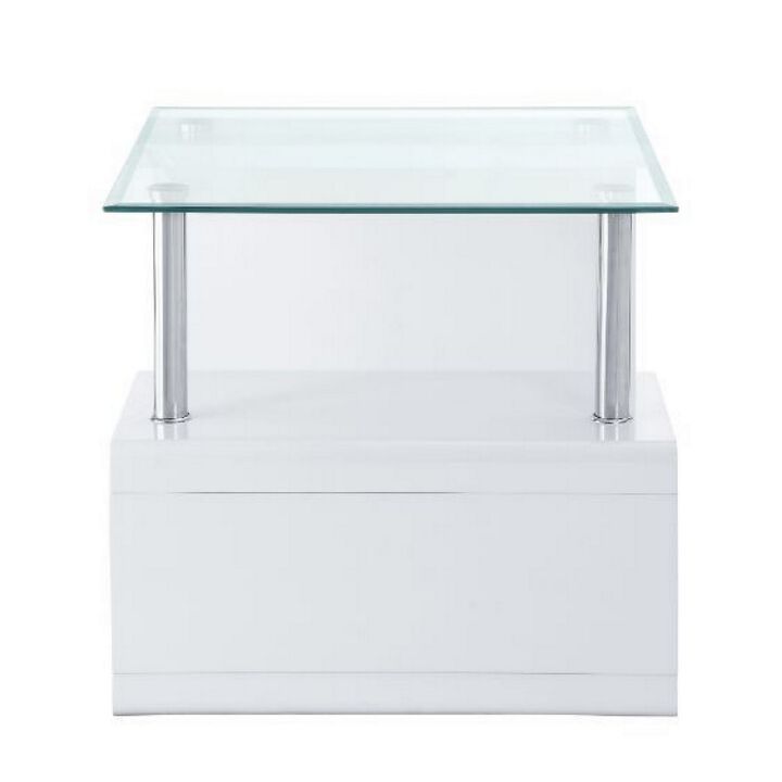24 Inch Square Accent End Table, Glass Top, Open Shelf, White, Chrome-Benzara