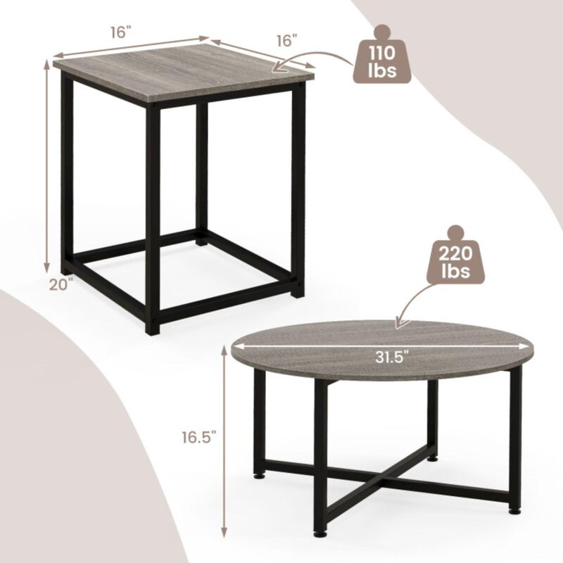 Hivvago 3-Piece Coffee Table Set Round Coffee Table and 2 Pieces Square End Table