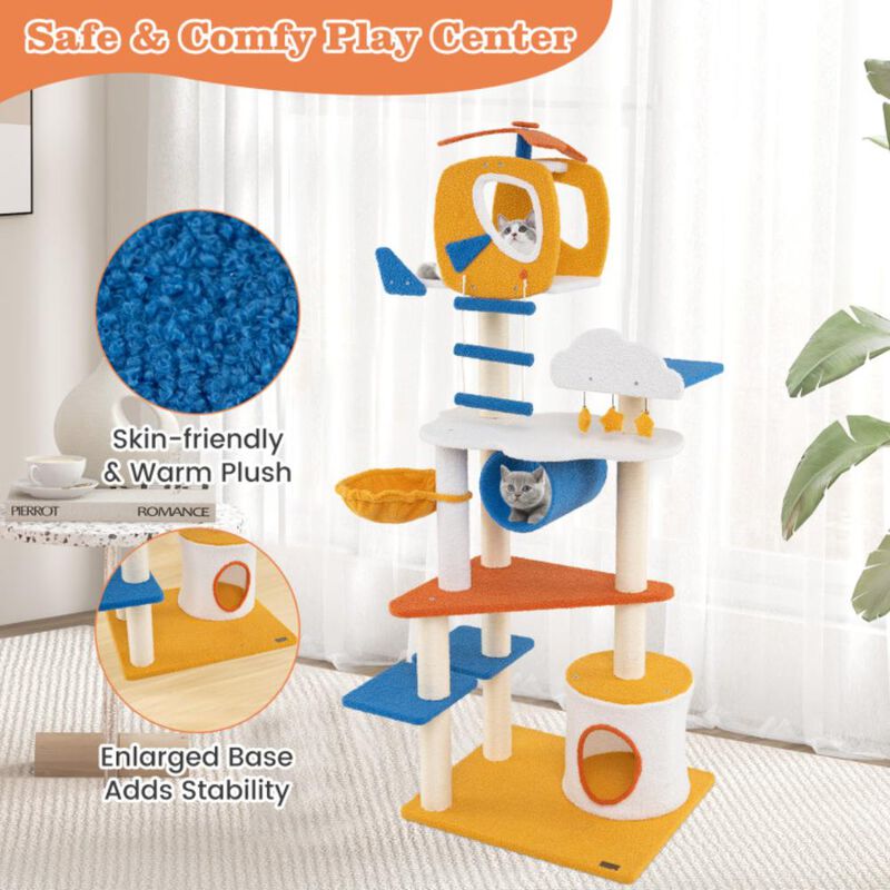 Hivvago 70 Inch Tall Aviation-themed Cat Tree with Helicopter Top Perch and Platforms