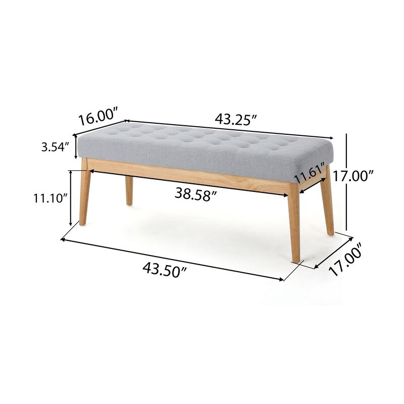Gisa Ottoman Bench, Light Gray Fabric Tufted Seat, Brown Wood, 44 Inch - Benzara