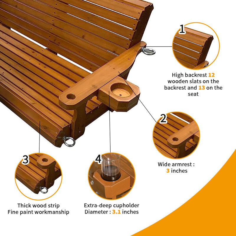 Wooden Porch Swing 3-Seater, Bench Swing with Cupholders, Hanging Chains and 7mm Springs, Heavy Duty 800 LBS, for Outdoor Patio Garden Yard, Brown-5 feet Extra Large