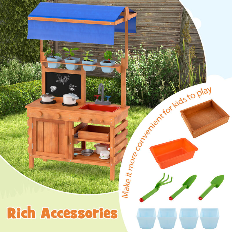 Kids Wooden Pretend Kitchen Play Set with Adjustable Canopy for Creative Play