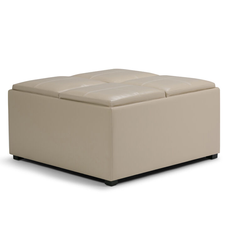 Avalon 35 inch Wide Contemporary Square Coffee Table Storage Ottoman in Satin Cream Vegan Faux Leather, Assembled