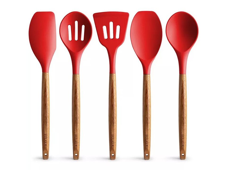 Zulay Kitchen 5 Piece Silicone Utensils Set with Authentic Acacia Wood Handles