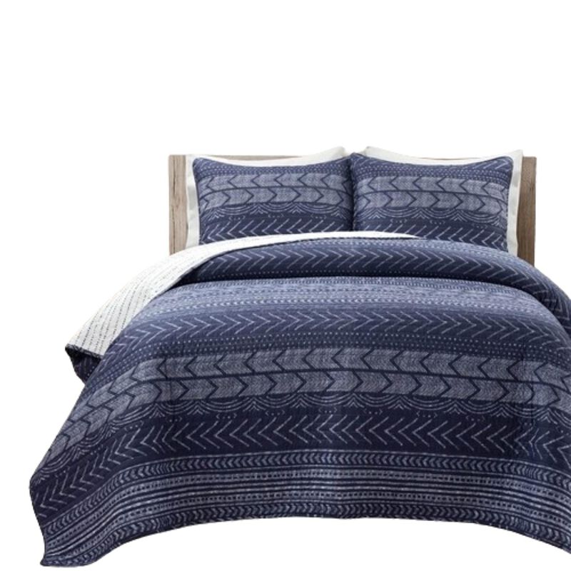 Hivvago King size Scandinavian Chevron Navy Blue White Reversible Cotton Quilt Set