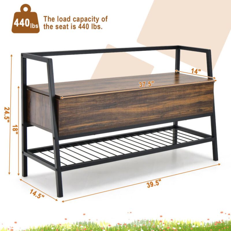 Hivvago Industrial Shoe Bench with Storage Space and Metal Handrail-Rustic Brown
