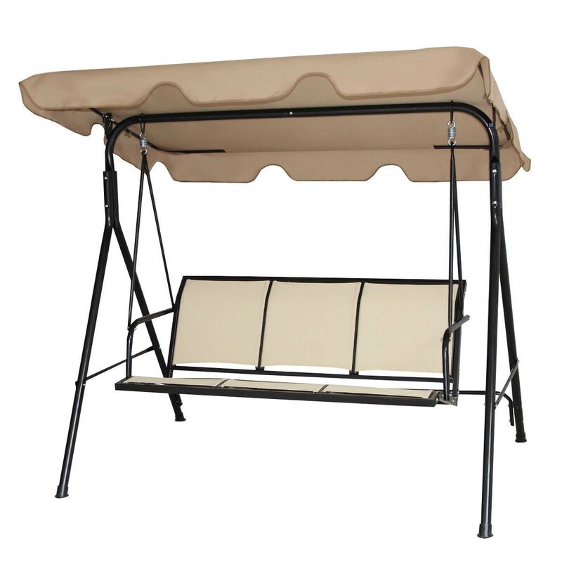 QuikFurn Outdoor Porch Patio 3-Person Canopy Swing in Light Brown