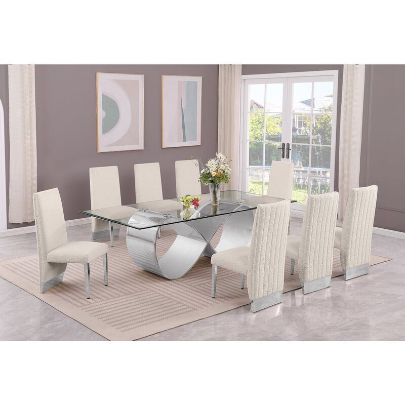 Best Quality Furniture 9Pc Tempered Glass Dining Set 8 Cream Boucle Side Chairs And Silver Base