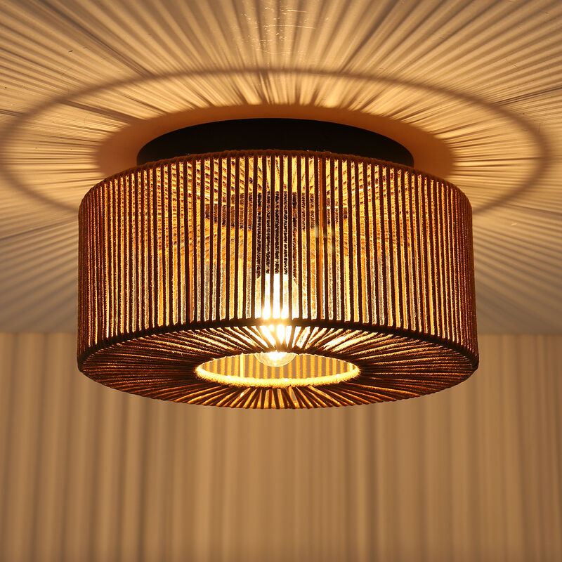 13.8" 1-Light Farmhouse Brown Caged Low Profile Ceiling Light with Cotton Thread Shade for Bedroom,  Dining Room or Entryway image number 6