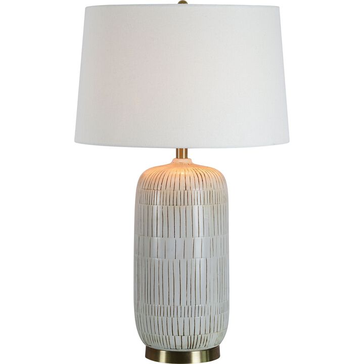 29" Embossed Ceramic Table Lamp with Off White Modified Drum Shade