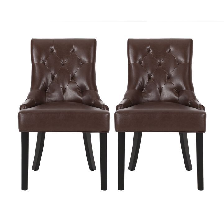 Chen Dining Chair Set of 2, Curved Brown Diamond Tufted Faux Leather