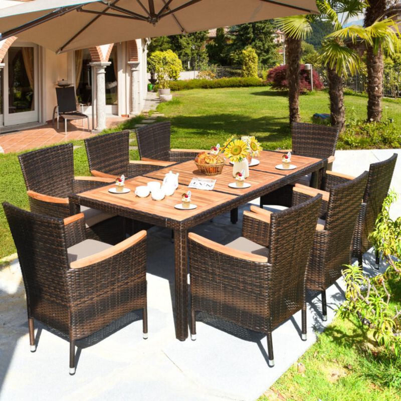 Hivvago 9 Pieces Rattan Dining Set with Acacia Wood Table and Stackable Cushioned Chairs
