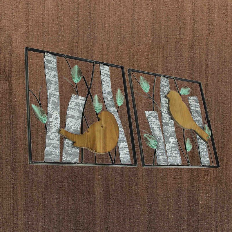 Set / 2 Rustic Green Wood & Metal Leaf Birds & Branches Wall Sculpture Art Decor image number 5