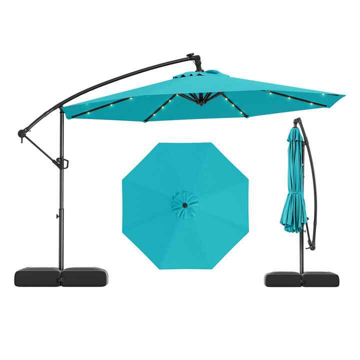 10 Feet Solar Offset Hanging Umbrella with Base and 32 LED Lights
