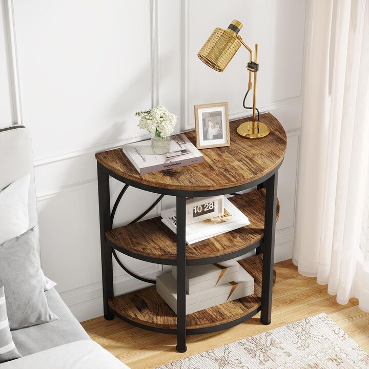 Tribesigns 3-Tier Half-Round End Table, Narrow Side Table with Metal Frame, Small Nightstand Bedside Table for Living Room and Bedroom, Brown and Black Sofa Table, Holds 198 lbs
