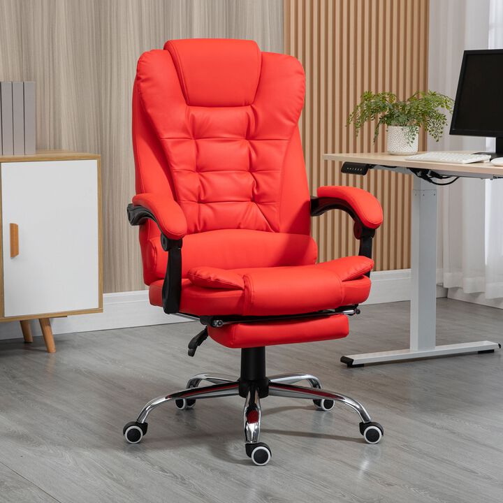 High Back Ergonomic Executive Office Chair, PU Leather Computer Chair with Retractable Footrest, Padded Headrest and Armrest, Red