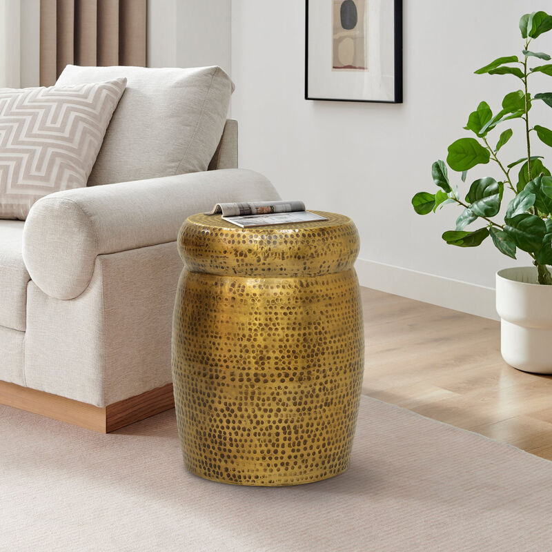 Kvira 21" Round Drum Side End Table | Artisan Hammered Embossed Texture | Antique Gold Brass Finish