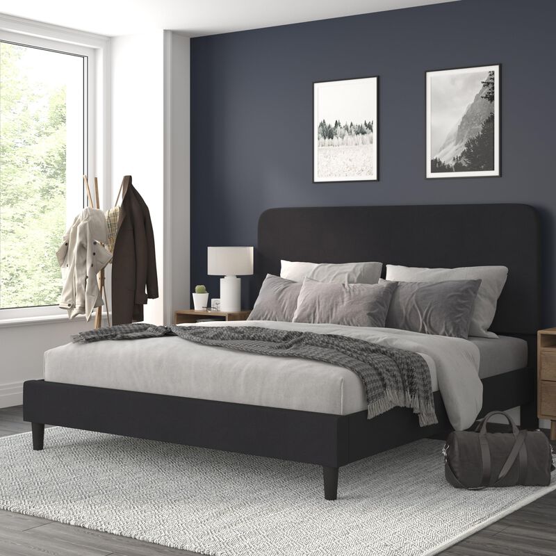 Flash Furniture Addison Platform Bed - Charcoal Fabric Upholstery - King - Headboard with Rounded Edges - Wood Slat Support - No Box Spring or Foundation Needed image number 1