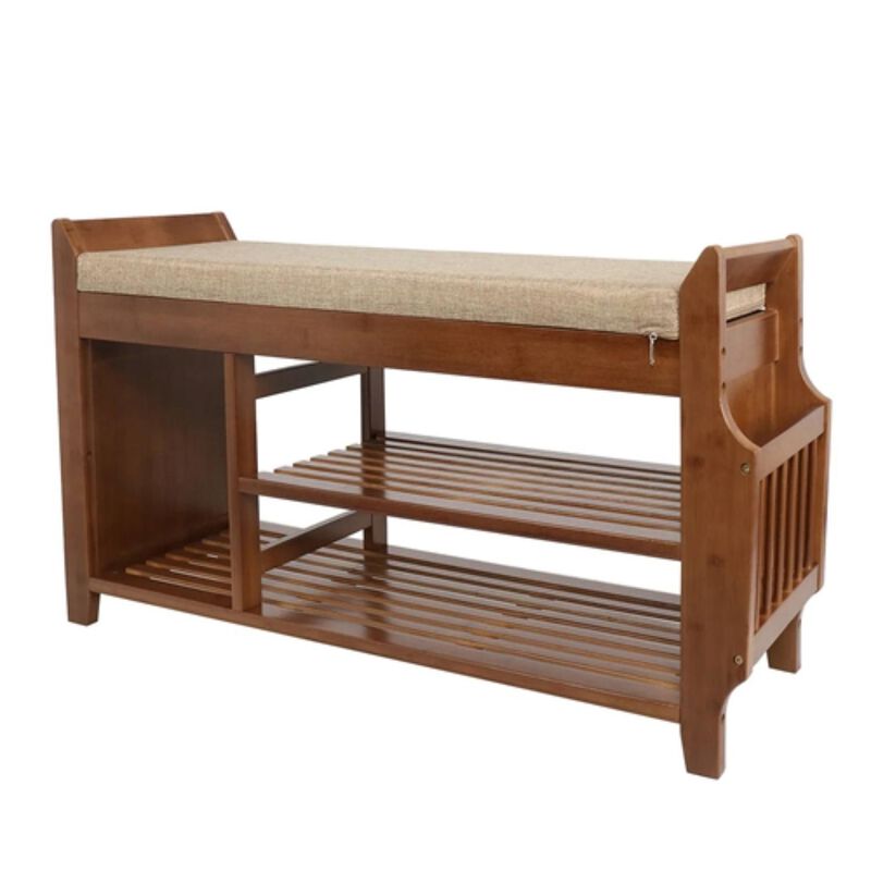 Hivvago Solid Wood Entryway Shoe Rack Storage Bench with Cushioned Seat 2 Shelves and Drawer