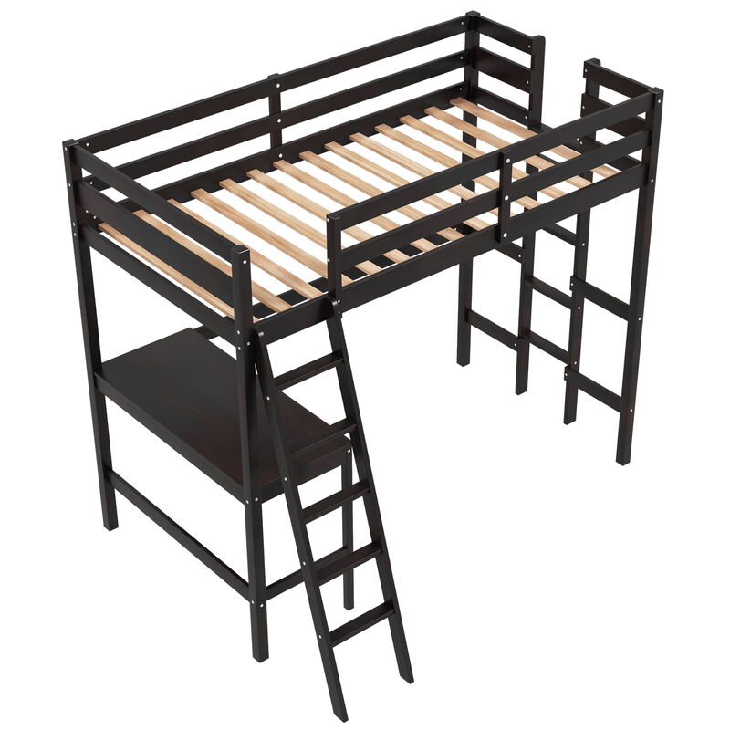 Twin Size Loft Bed Frame with Desk Angled and Built-in Ladder