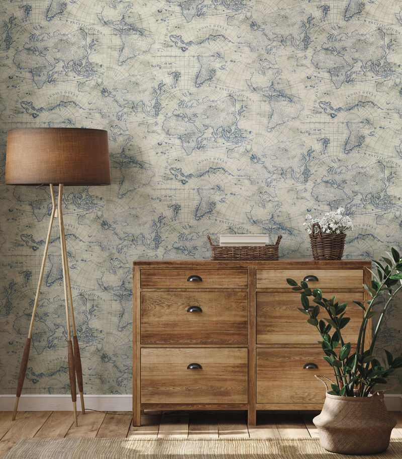 Coastal Map Blue & Beige Peel & Stick Wallpaper image number 1