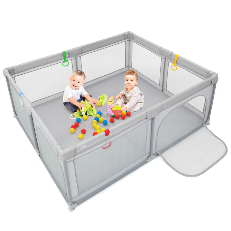 Portable Baby Playpen Large Play Yard with 50 Ocean Balls and 4 Pull Rings-Light Grey