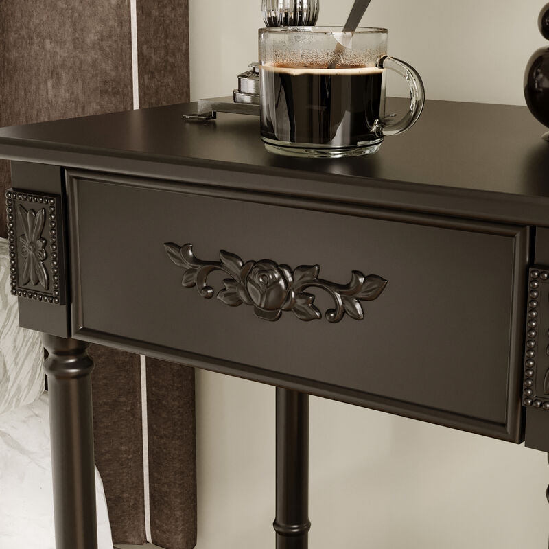 FUFU&GAGA Vintage Bedside Cabinet with Drawer Open Shelf Solid Wood Legs and Black Paint Finish 19.7''L × 15.7''W × 27''H