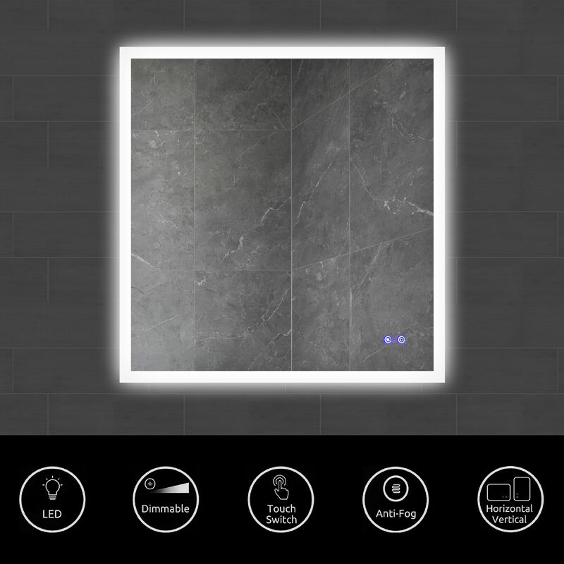 36 x 36 Inch Frameless LED Illuminated Bathroom Wall Mirror, Touch Button Defogger, Square, Silver-Benzara