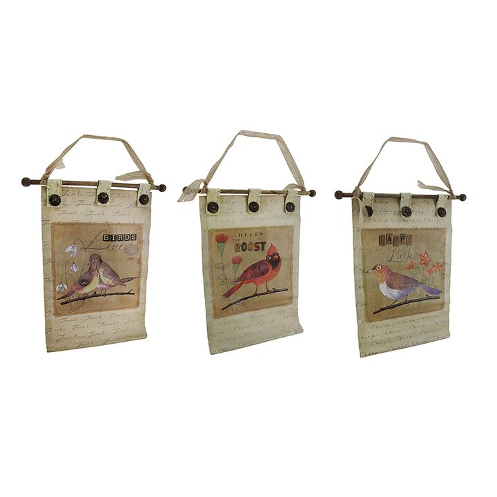 3 PC Canvas Botanical Birds Wall Hanging Set W Buttons