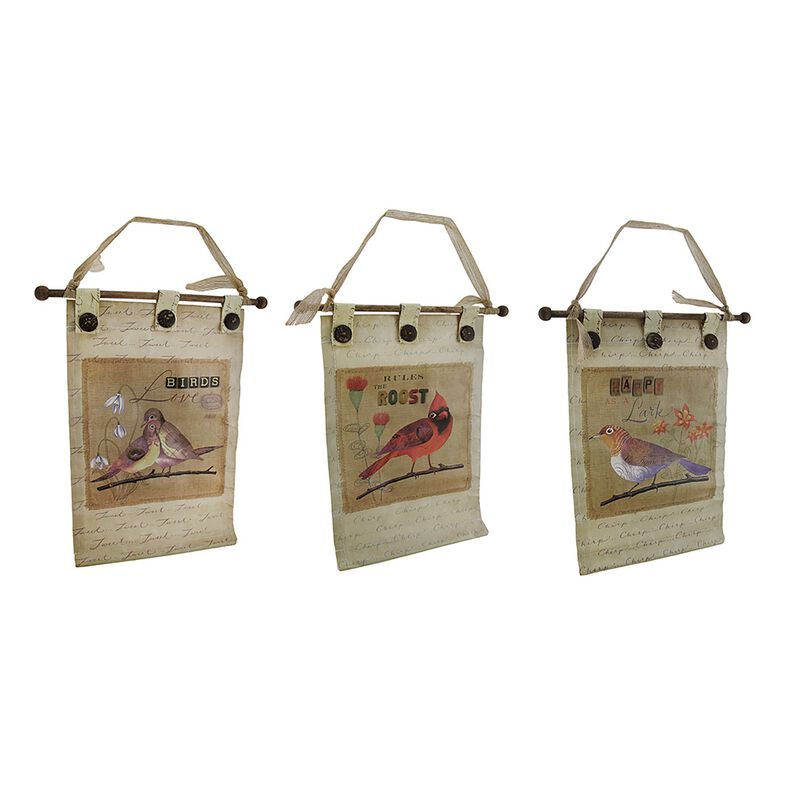 3 PC Canvas Botanical Birds Wall Hanging Set W Buttons image number 0