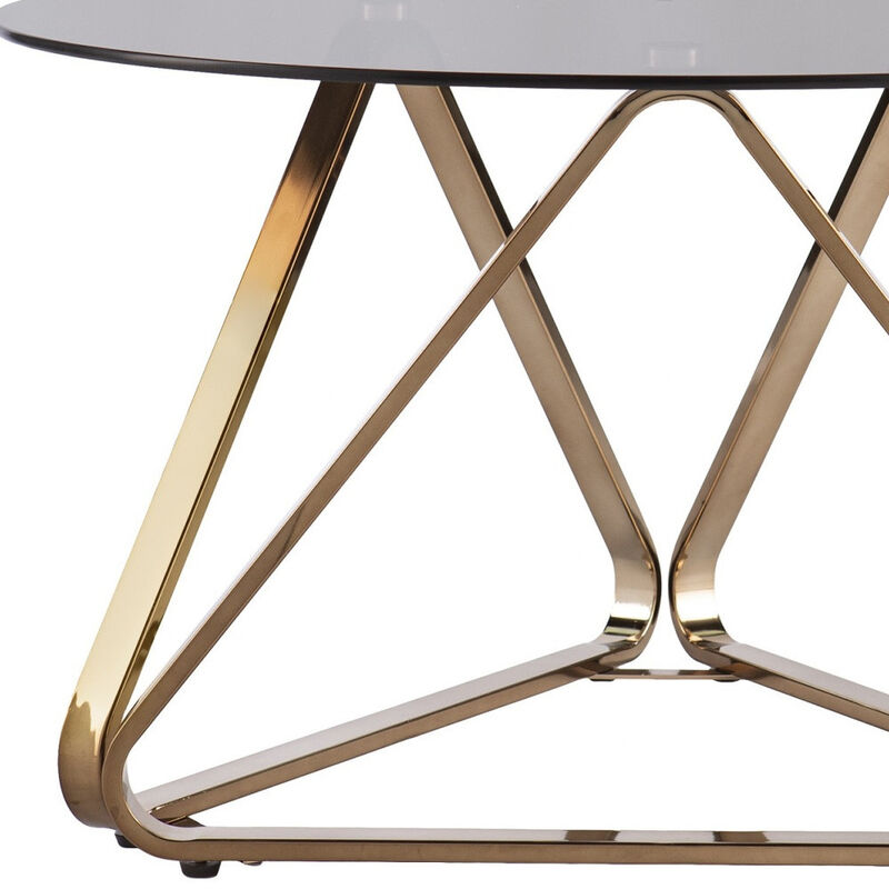 Hivvago 31 Inch  Smoky Black and Gold Glass and Metal Round Coffee Table