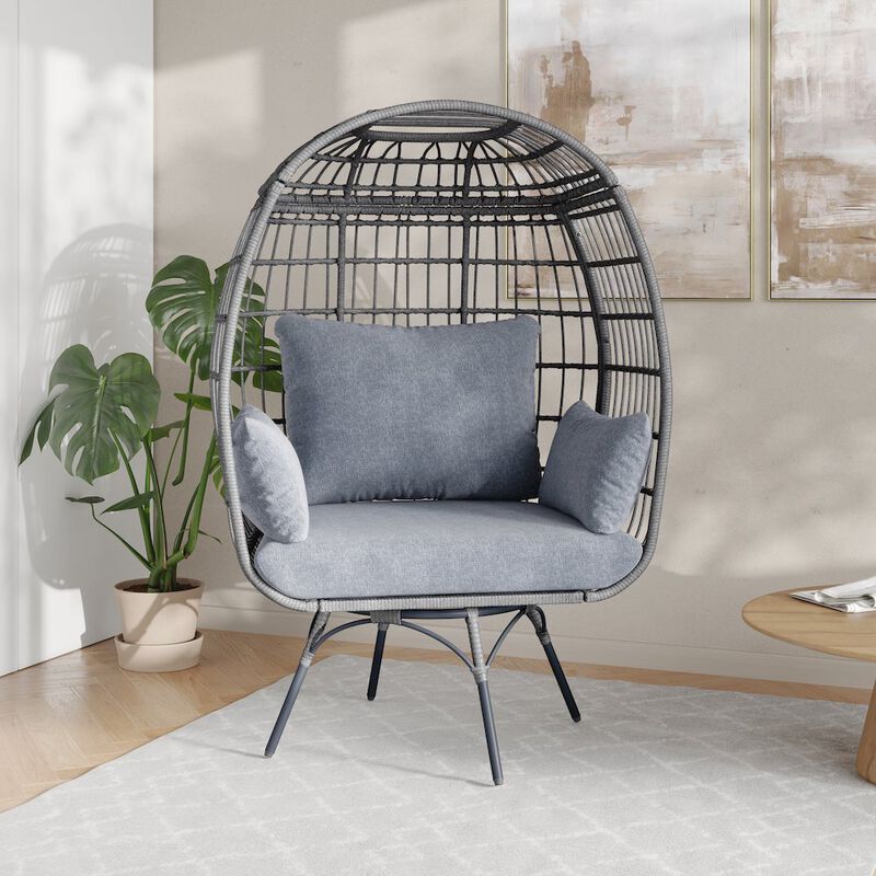 Flash Furniture Oversized Wicker Egg Swivel Lounge Chair, Gray Cushions/Gray Frame image number 6