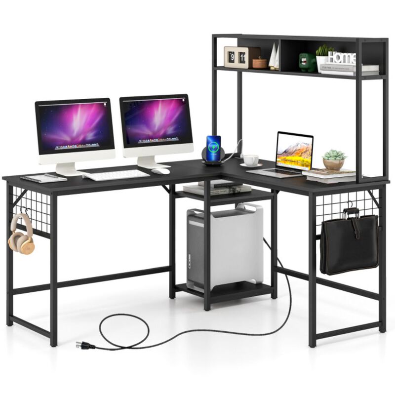 Hivvago L-shaped Desk with Power Outlet Hutch