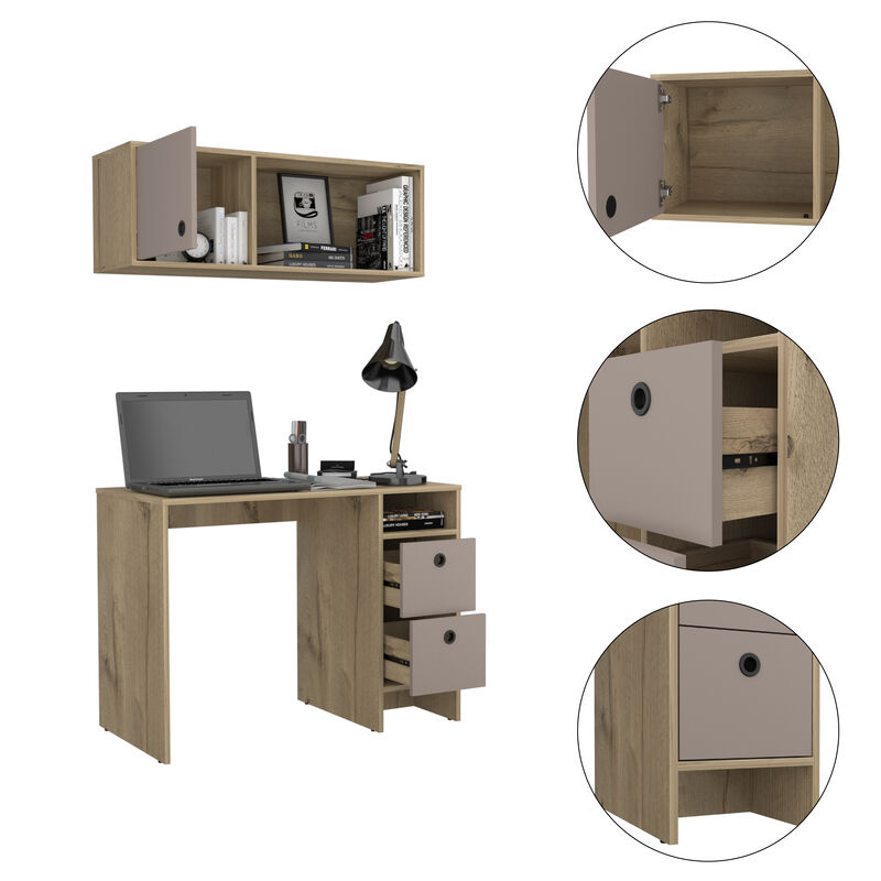 DEPOT E-SHOP Aramis Office Set, Two Drawers, Wall Cabinet, Single Door Cabinet, Two Shelves , Light Oak /Taupe