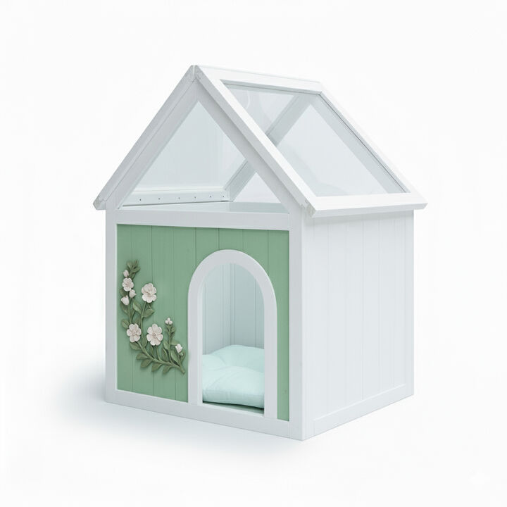 Transparent Roof Wooden Pet House with Floral Carvings Cedar Indoor Shelter for Cats & Small Dogs