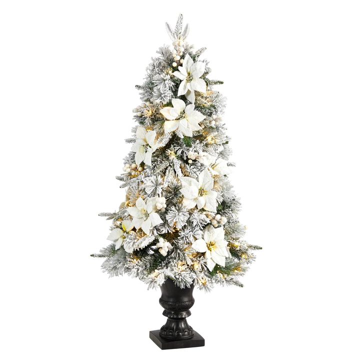 Nearly Natural 4-ft Flocked Artificial Christmas Tree with 223 Bendable Branches and 100 Warm Lights in Decorative Urn