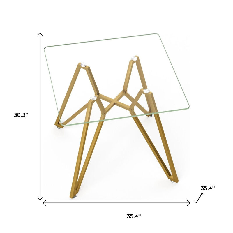 HomeRoots 35" Clear and Gold Glass and Steel Square Dining Table image number 2