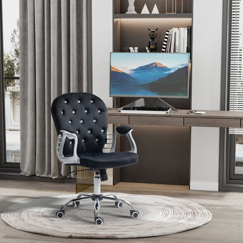 Vinsetto PU Leather Home Office Chair, Button Tufted Desk Chair with Padded Armrests, Adjustable Height and Swivel Wheels, Black