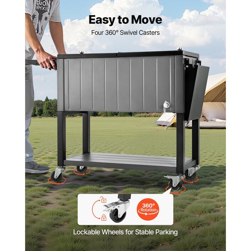 80QT Rolling Ice Chest Cooler Cart with Side Shelves and Bottle Opener image number 4