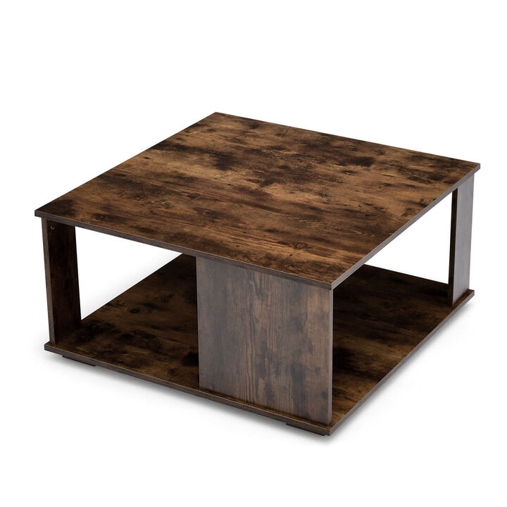 2 Tiers Square Coffee Table with Storage and Non-Slip Foot Pads-Rustic Brown