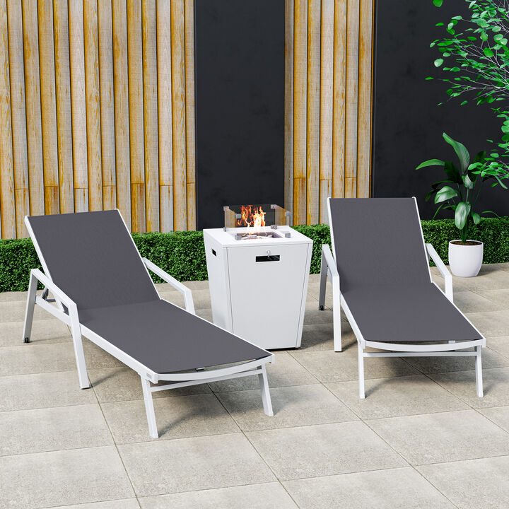 LeisureMod Marlin Modern Aluminum Outdoor Patio Chaise Lounge Chair With Arms in White Frame Set of 2 with Square Fire Pit Side Table