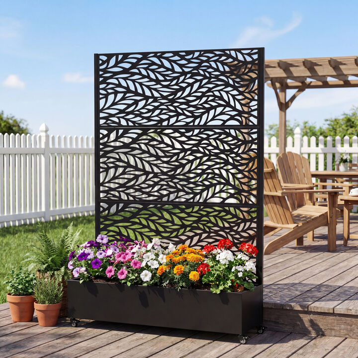 WOW PIONEER Galvanized Metal Raised Garden Bed with Locking Wheels, Trellis and Privacy Screen, Outdoor Planter Box for Climbing Plants Vegetables Vines with Drainage Holes