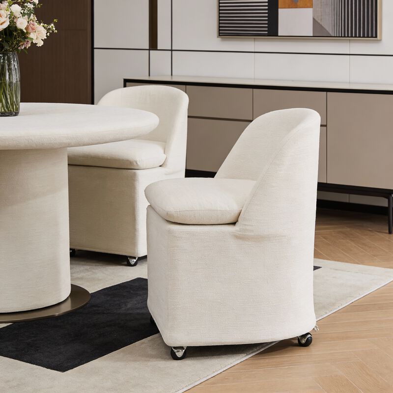 HomeRoots Set of Two Beige Chenille Wing Back Dining Chairs With Wheels