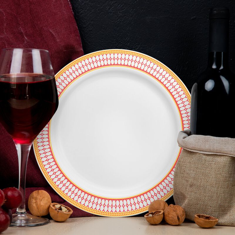 10.25" White with Red and Gold Chord Rim Plastic Dinner Plates (120 Plates) image number 7